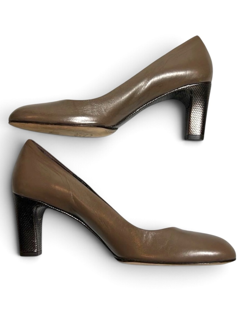 NWOB Prevata Taupe Leather Pump Heels Snakeskin Heel Size 7.5 AAAA Narrow Italy